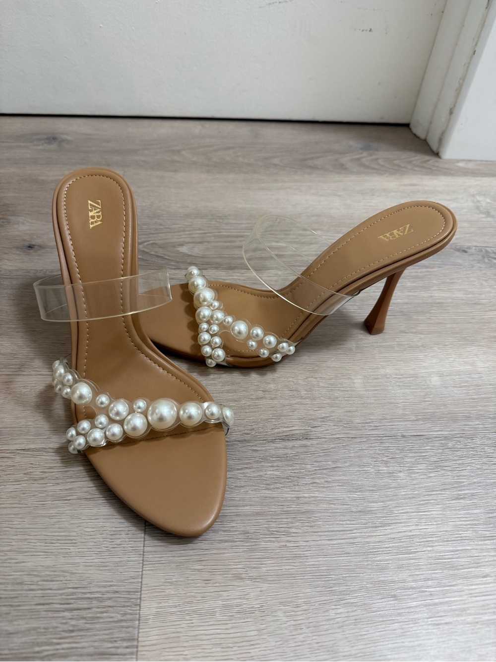 Zara Tan Pearl-Embellished Clear-Strap Mid Heels